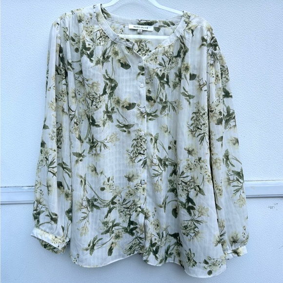 Rose + Olive Blouse Top Women L Floral Button Up Gauzy Lightweight Coastal - Picture 6 of 10